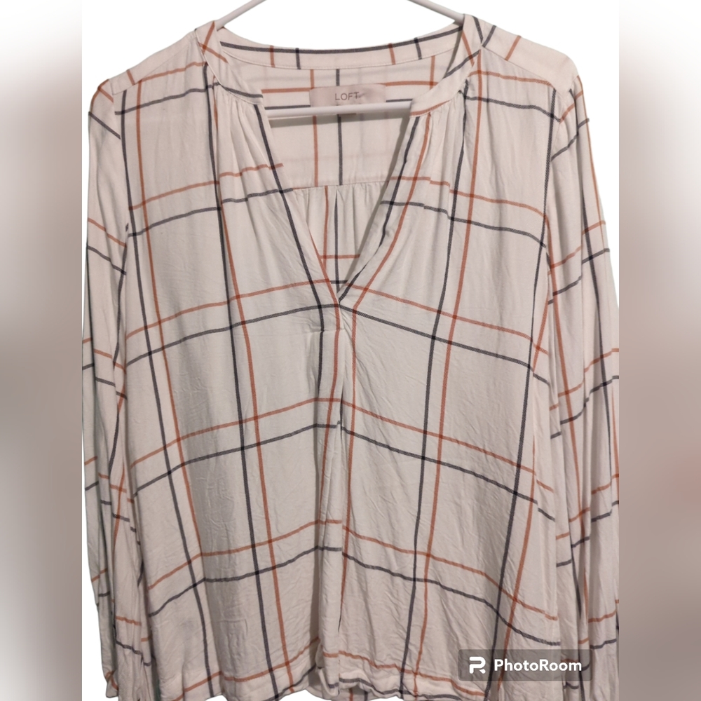 Loft women's plaid top tan and black against a creamy white